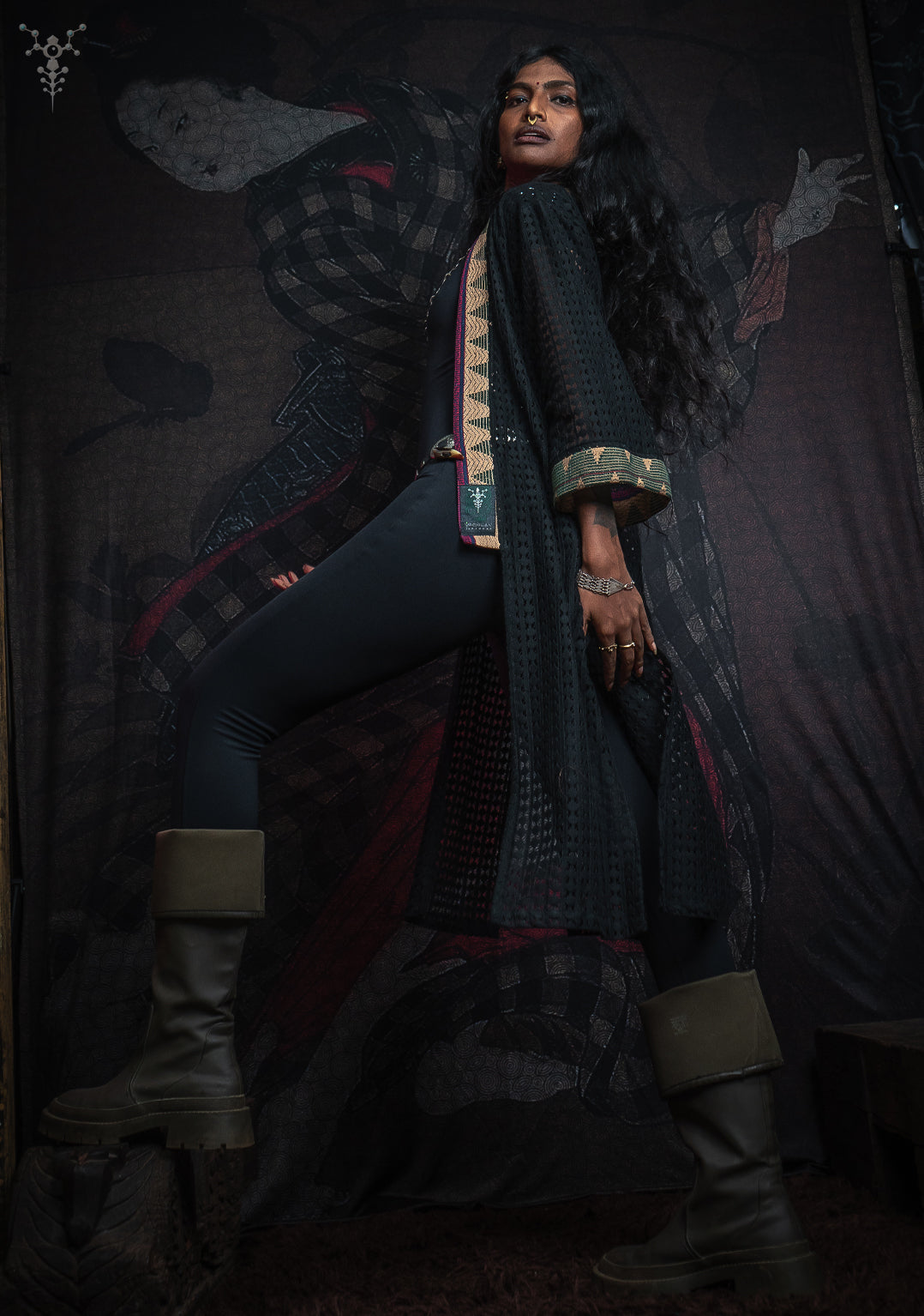 Open Kimono / Net Jaquard Border - Black NAGALAND